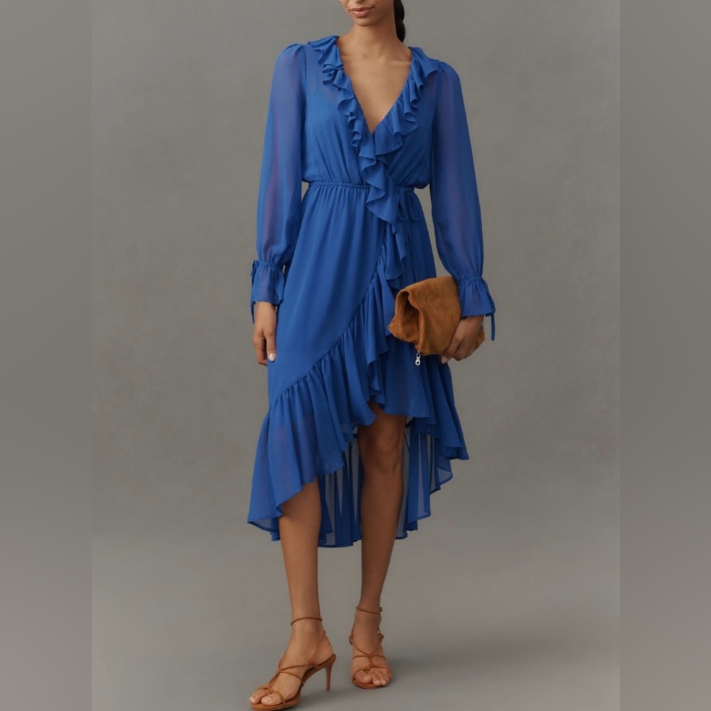 🟠NWT ANTHROPOLOGIE Long-Sleeve Ruffled
Asymmetric Midi Dress in Blue SMALL